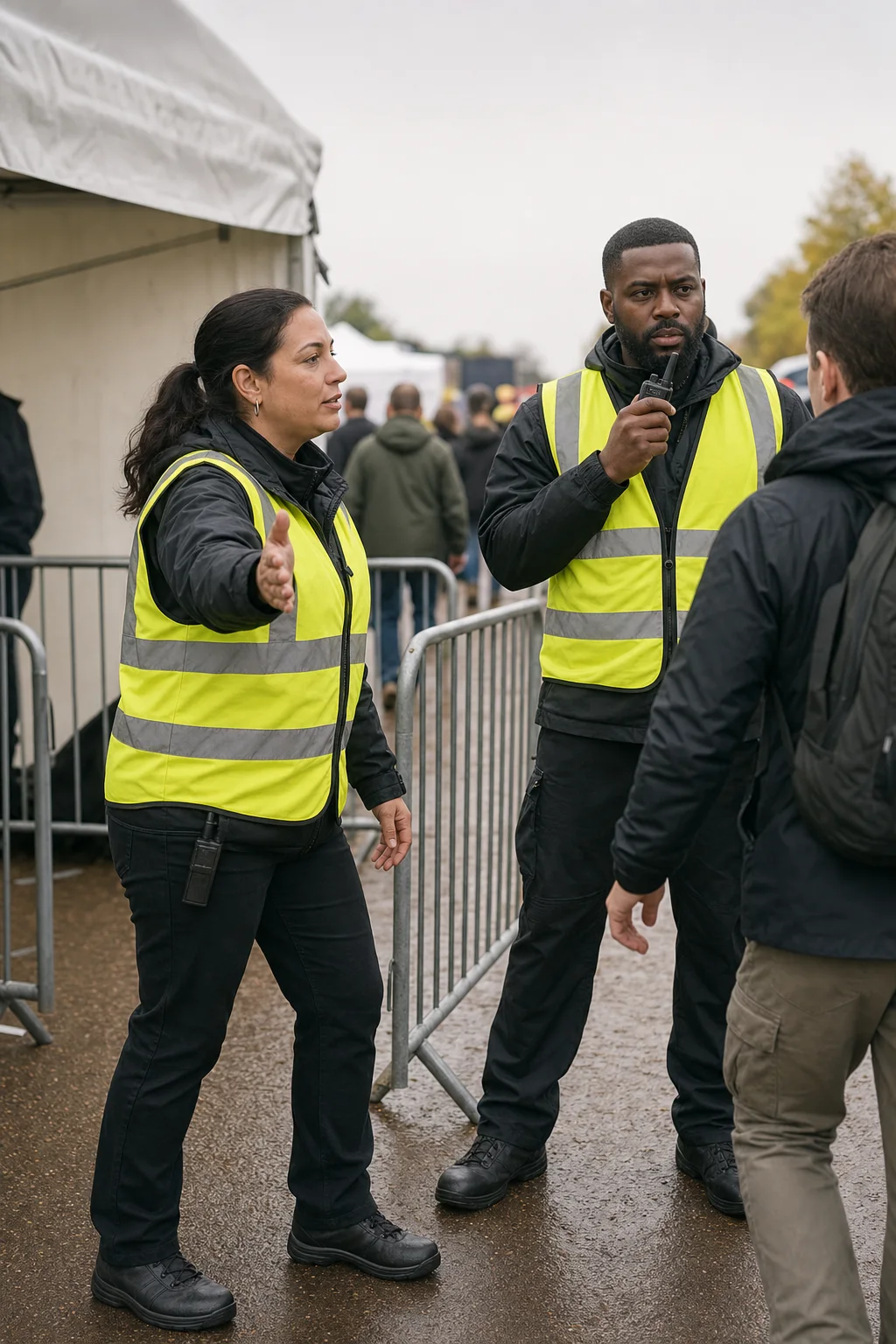 UK event security staff directing visitors through a temporary entrance checkpoint