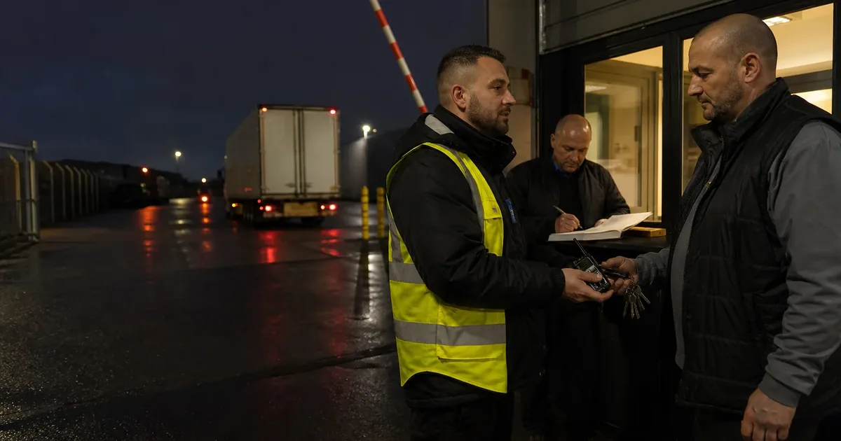 UK security officers and site supervisor conducting a gatehouse shift handover and logbook check — bs 10119 checklist