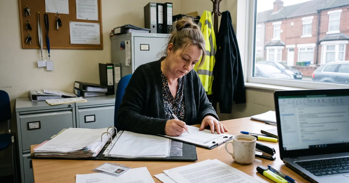 HR officer reviewing a staff vetting file during BS 7858 screening at a UK security company