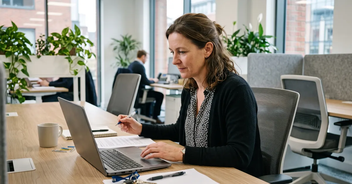 How to check if a company is SIA approved: a facilities manager reviewing a security supplier on a laptop at her office desk