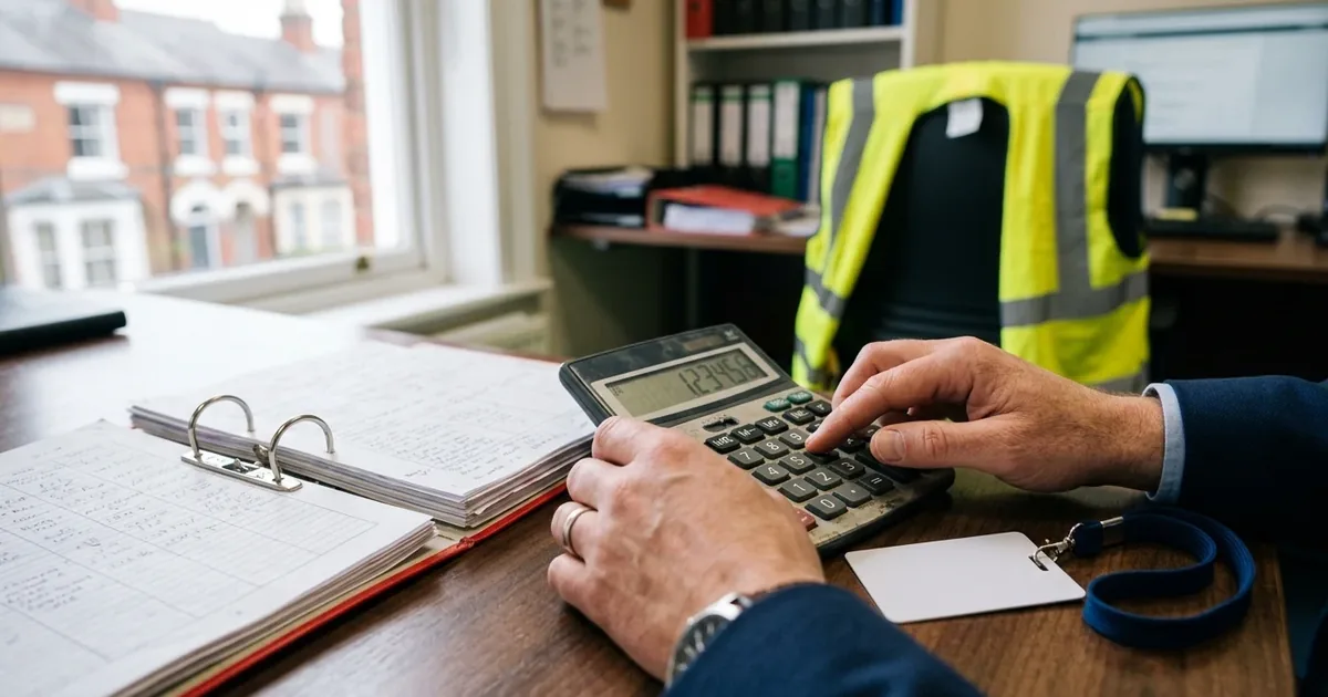 Hands using a calculator beside a ring binder on an office desk, illustrating COP 119 certificate cost in the UK