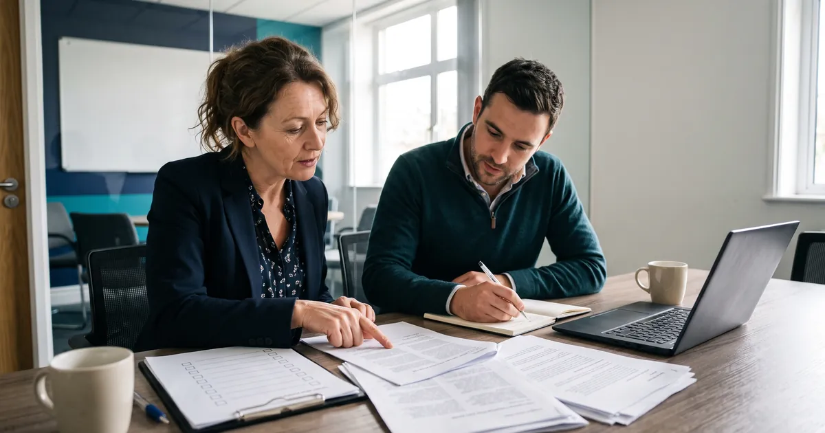 Two UK business partners reviewing tender papers and a checklist to decide: do I need ISO 9001?