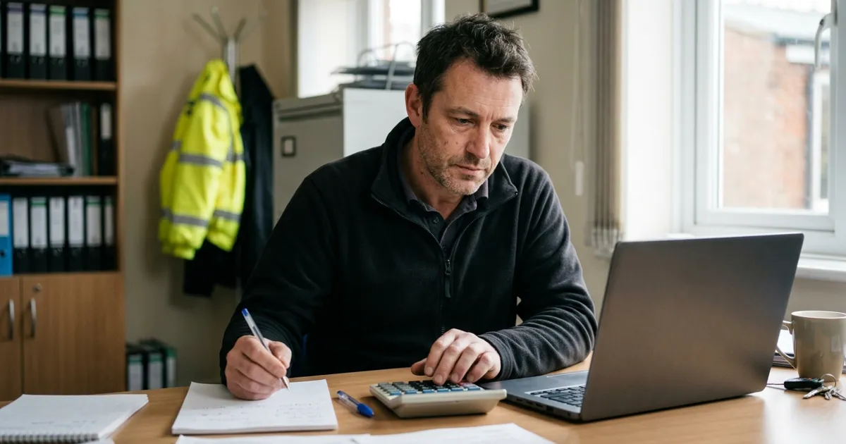 UK security company owner using a calculator at an office desk to decide is acs accreditation worth it