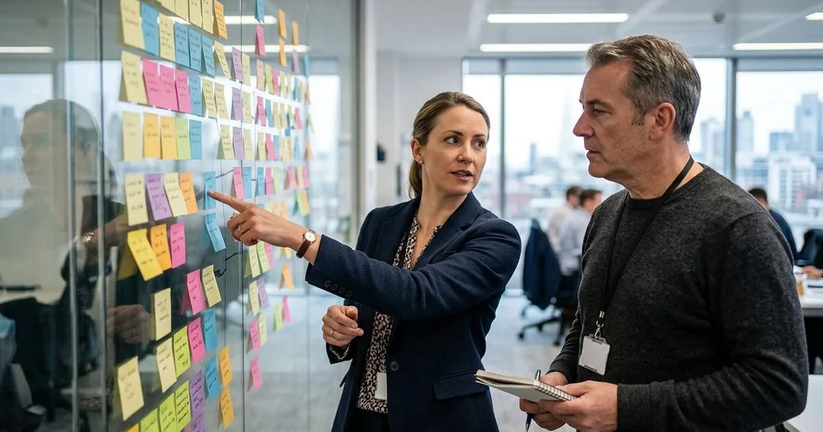 UK quality manager and operations director mapping a transition timeline on a glass wall — iso 9001 2026 transition checklist