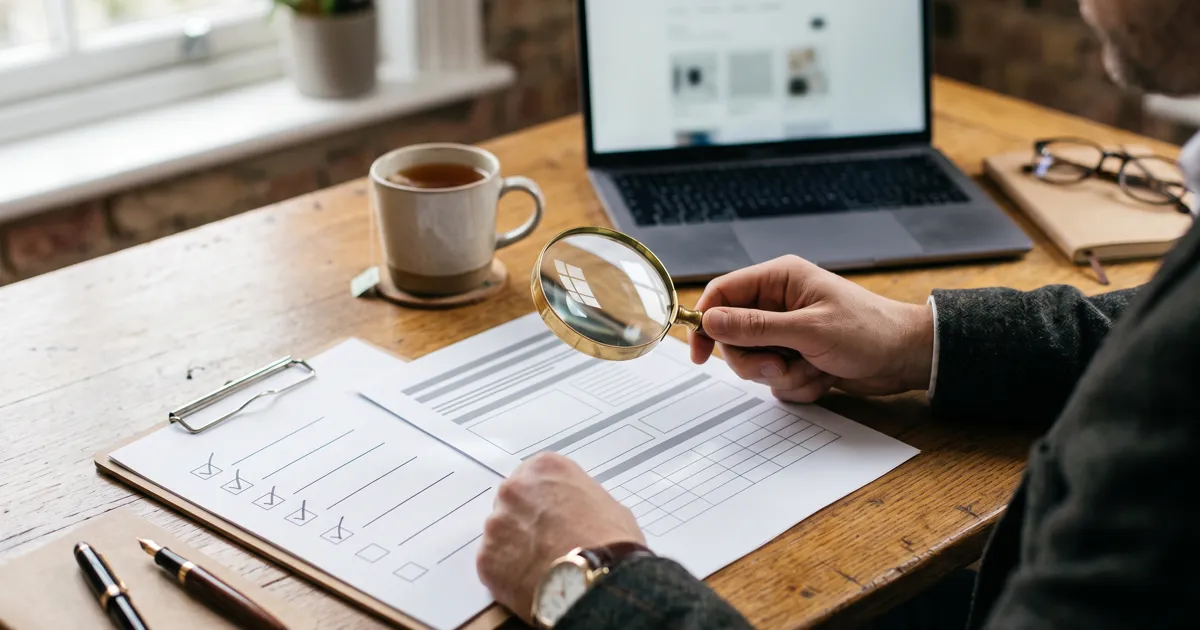 Business owner holding a magnifying glass over a blank document and tick-box checklist during an ISO 9001 UKAS accreditation check