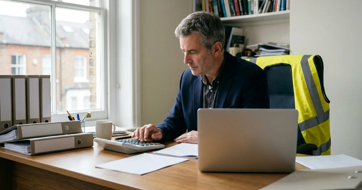UK security company managing director in a smart navy blazer seated at a wooden British office  — sia acs cost calculator