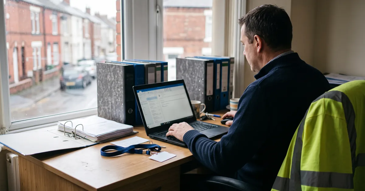 Security company director completing the SIA ACS self-assessment workbook on a laptop beside ring binders and a lanyard